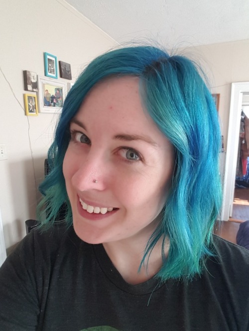 Week 108: hair is almost completely teal now, as the blue is pretty faded and the yellow/green is be