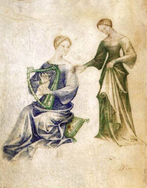 Female figures, one of which plays the harp, miniature by Giovanni De Grassi from Tacuinum Sanitatis