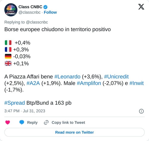 Borse europee chiudono in territorio positivo  🇮🇹 +0,4% 🇫🇷 +0,3% 🇩🇪 -0,03% 🇬🇧 +0,1%  A Piazza Affari bene #Leonardo (+3,6%), #Unicredit (+2,5%), #A2A (+1,9%). Male #Amplifon (-2,07%) e #Inwit (-1,7%).#Spread Btp/Bund a 163 pb  — Class CNBC (@classcnbc) July 31, 2023