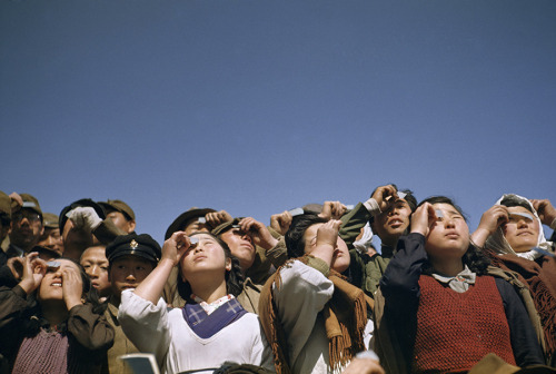 kreativekopf:People watching a solar eclipse squint through smoked glass or film on Rebun Island in 