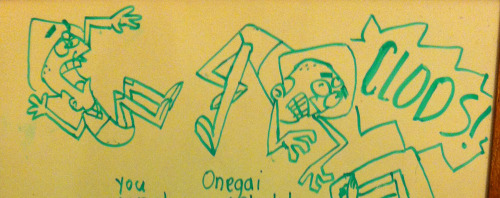 b-san:  Stupid lime green dorito things I drew with friends on a whiteboard. I drew everything except the sideways Peridot with sunglasses, my friend drew that. Drawings are in weird positions because the board was laying on a flat surface rather than