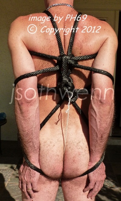 fuckyeahgoodslave:  Master’s Bound slave Master practices Shibari-style rope patterns