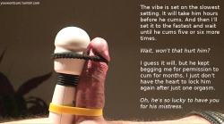 youwontcum:  The vibe is set on the slowest setting. It will take him hours before he cums. And then I’ll set it to the fastest and wait until he cums five or six more times.  Wait, won’t that hurt him?  I guess it will, but he kept begging me for