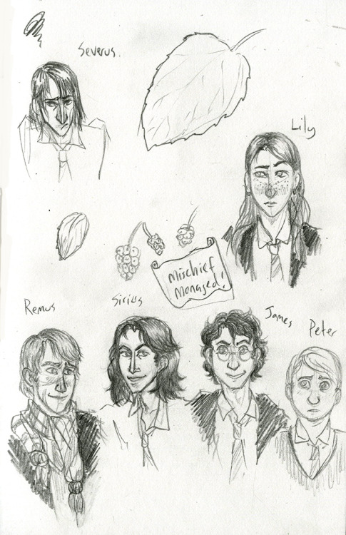 An older (circa PoA) Lupin and a bunch of Marauders-era sketches, still trying to nail down my desig