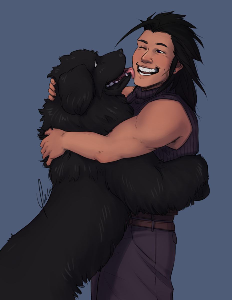 This is a picture of two dogs. [Image Description: Digital artwork of Zack Fair hugging a big black Newfoundland dog.
 Zack 