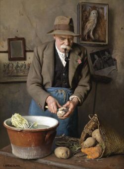 Charles Spencelayh (British, 1865-1958) Dig for Victory - The Wise Eat more Potatoes. oil on canvas, 58 x 43 cm.