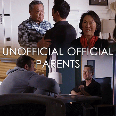 Gif 6: A blended gif. The top gif is of Chimney with the Lees in 4x09. Chimney is huggiing Mr. Lee, while Mrs. Lee smiles and says Maddie (uncaptioned). At this, Chimney turns and runs towards Maddie. On the bottom gif is Buck and Bobby in 6x11. They are sitting in the hospital room and laughing with each other. The overlayed white font is: "UNOFFICIAL OFFICIAL PARENTS".