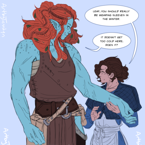 artbytesslyn:More of my DnD bb Leaf the Firbolg and her crush interacting Love my big bean so muchPa