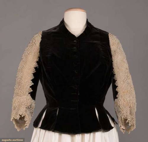 CHARLES WORTH PEARL BEADED EVENING BODICE, c. 18801880s black Victorian bodice, center front button 