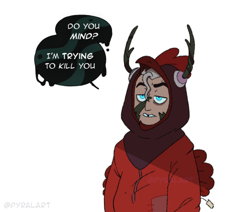Belos, possessing Hunter, is revealed to be in the red chicken costume that was present in the montage sequence of the episode "Thanks to them". He looks annoyed: "Do you mind? I'm trying to kill you."