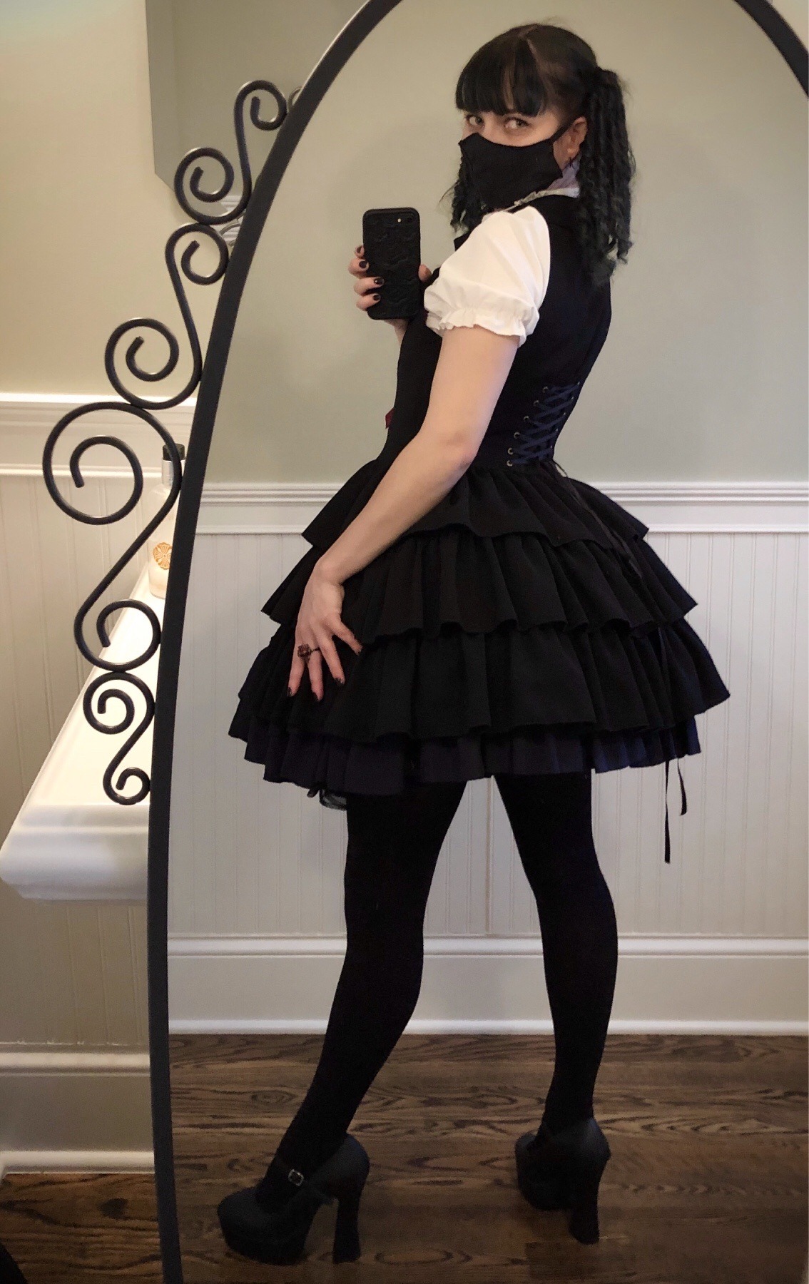 aldamiriel-necrococo:Omw to go spend all my money on Joann’s Halloween fabric prints Vest, skirt, ring: @atelierpierrot-blog Blouse: Miss MaryShoes: Demonia