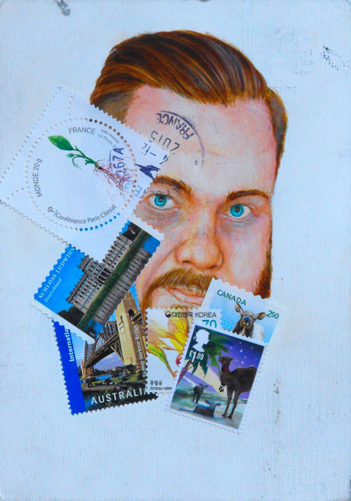 The Long Wayoil, postage stamps, ink, paper4″ x 6″2015After a trip around the world this guy is read