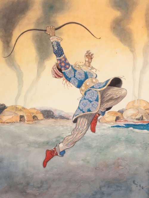 Leaping Warrior, for the Arabian Nights book illustration. Watercolour and pencil on paper. Artist :