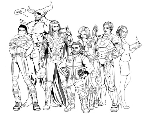 lilyrutherfordblog:The Avengers : Dragon age (?)  ^▽^I sketched this a while ago (here). Finall