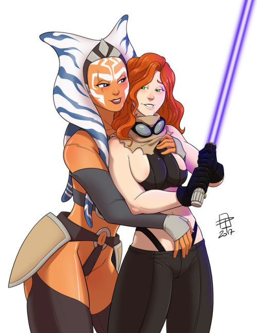 pinupsushi:Color commission for awr74 of an alternate and sexier, Star Wars universe where warrior Ahsoka sees much potential in a young Mara Jade and offers her a little hands-on teaching in the ways of the Jedi. ;9