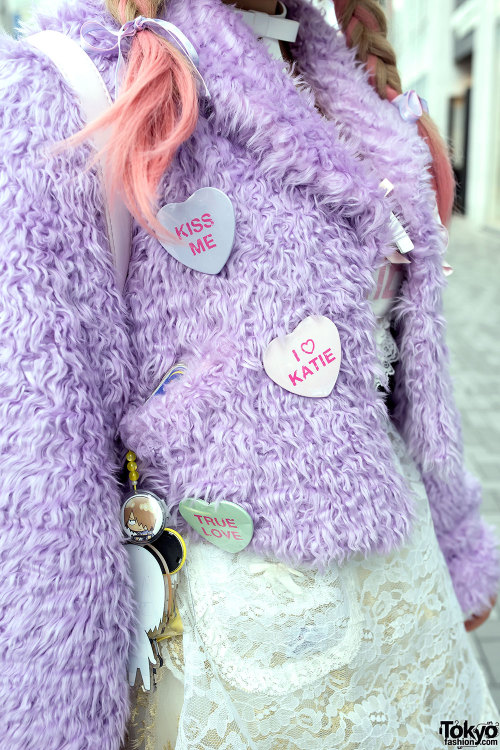 tokyo-fashion:  18-year-old Rinalee on the street in Harajuku wearing a fuzzy Swankiss jacket with a WC skirt, Katie pins, a WEGO backpack, and a YowaPeda Sohoku teddy bear. Full Look