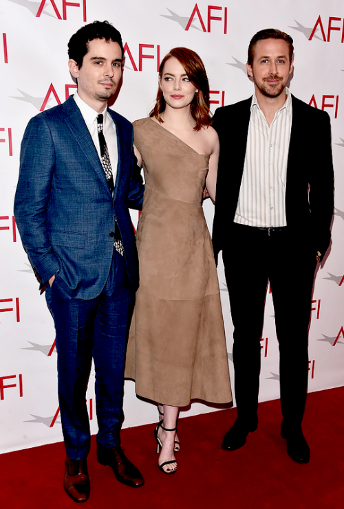 Damien Chazelle, Emma Stone and Ryan Gosling attend the 17th annual AFI Awards at Four Seasons Los A