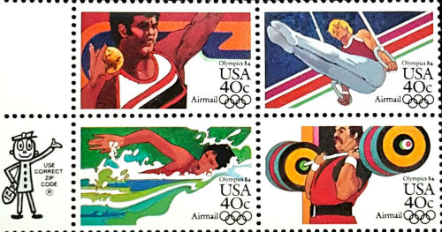 retropopcult:USA Olympics postage stampsissued 1983 to celebrate the upcoming 1984 Olympics in Los A