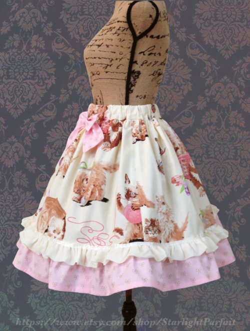 Kawaii Lolita Cream Kitten Print Skirt - $39.00 