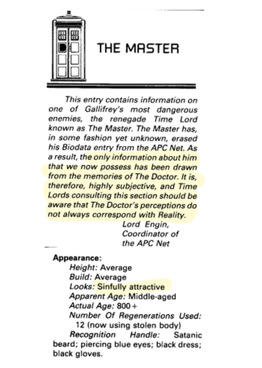 therogueofblood:  hyperdragon97: intuitive-revelations:  Just been reading through the Doctor Who FASA RPG Field Agent sourcebook and UMMM… o h   m y   g o d …    How far back is this from???  Looks like 1985.
