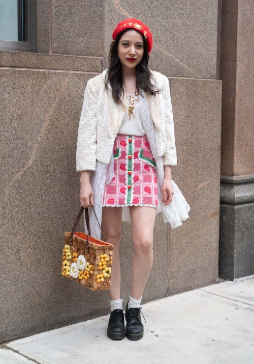 Nicole, 35“I’m wearing a skirt I handmade from a thrifted vintage strawberry print blanket wit