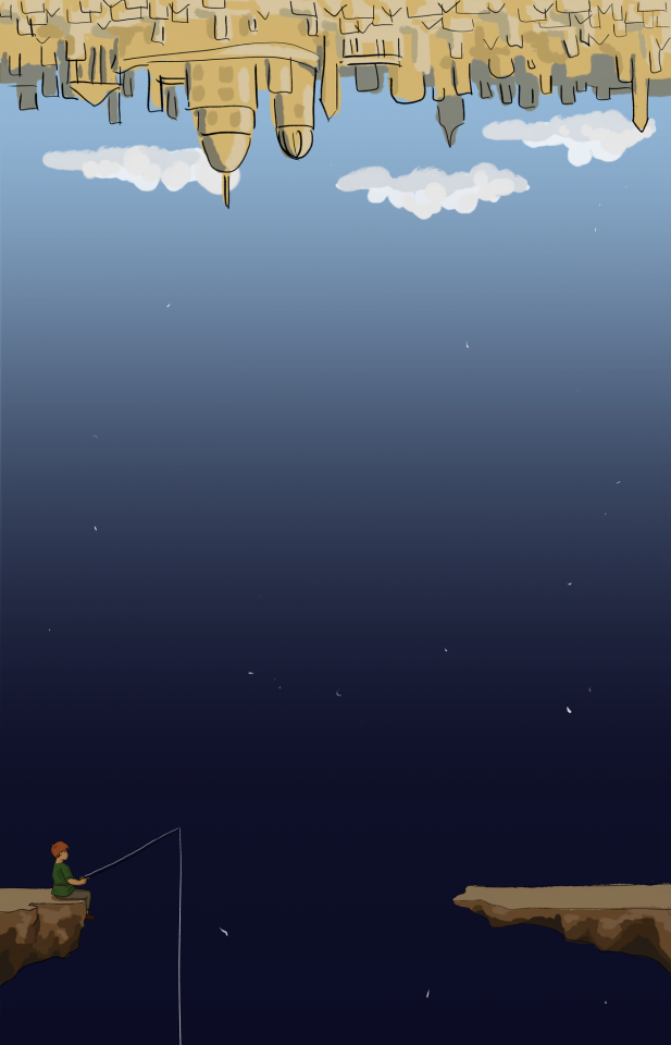 Top half of a two-part long vertical digital illustration. At the very top is a cityscape, upside-down. The sky goes from light blue to dark dark blue at the bottom. Near the bottom, at a small scale, is a redheaded boy sitting on an overhang with his legs dangling over the edge. He holds a fishing rod. The fishing line is cut off at the bottom of the image.