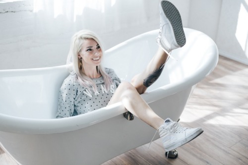 vansgirls:@hannahrayninja in the Surveillance Crew Sweatshirt &amp; True White Canvas 