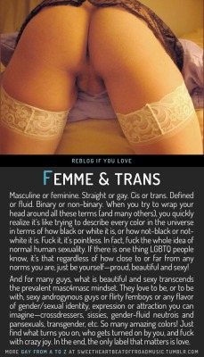 bigemini68monkey:  sweetheartbeatoffroadmusic:FEMME &amp; TRANS. Thanks to @erikavonsamenkaff for her insight and support with this post. Find your thing: Gay From A to Z, view the full index alphabetically or by category, or check out my blog. Image
