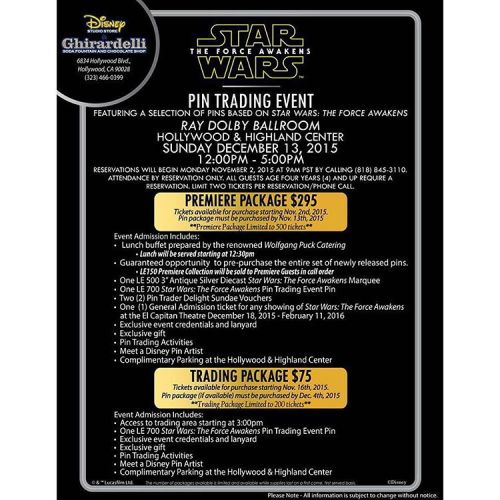 Here are all of the details for the Star Wars: The Force Awakens pin event on December 13th in Holly