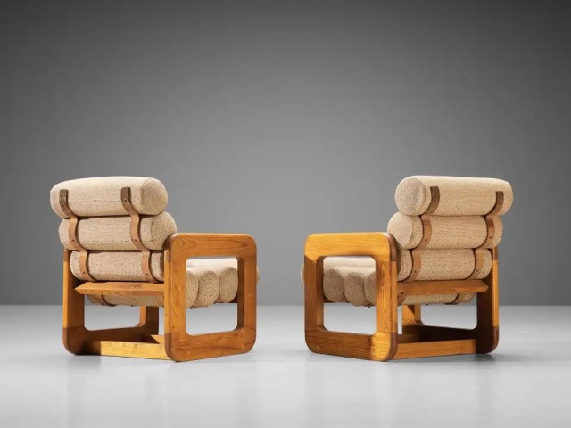 tinaseh:Vintage Pair of Ash Wood &amp; Biege Upholstered Lounge Chairs, Italy.