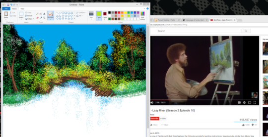 mochachild:  I SWEAR TO FUCKING GOD BOB ROSS IS A GIFTED GODI DREW ALONG TO HIS VIDEO IN MS PAINT AND HOW THE FUCK THIS MADE ME SO HAPPY I DONT EVEN KNOW HOW PLEASE I ADVISE YOU GUYS TO DRAW ALONG WITH BOB ROSS IN MS PAINT IT IS AN EXPERIENCE I AM SO