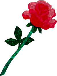 sticker of a single red rose with its stem. it has a shiny foil finish.