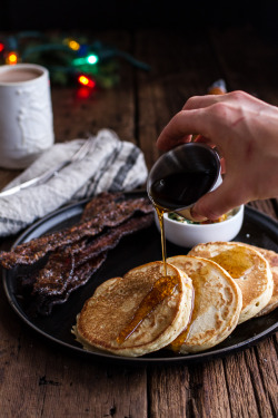 sweetoothgirl:  Buttermilk Ricotta Pancakes with Maple Candied Bacon 