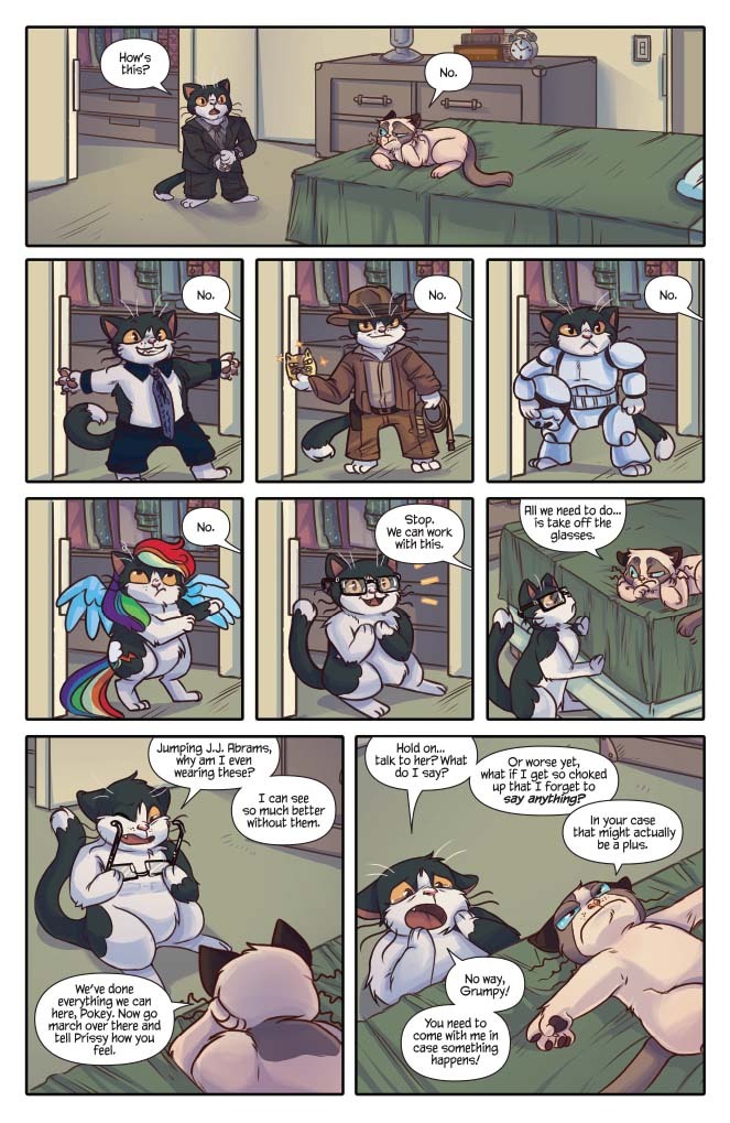 One of the pages from the Grumpy Cat comic I worked on, which is coming out tomorrow! Royal McGraw worked on this really sweet story, aptly titled “Pokey Falls in Love.” I just love the montage sequence :)
There are more previews on Dynamite’s...