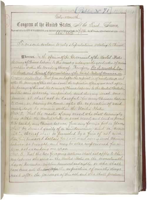 Approved on May 6, 1882, the Chinese Exclusion Act was the first significant law restricting immigra