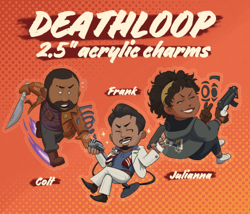 DEATHLOOP acrylic charms are live! running these on pay-what-you-want and limited supply only, so sn