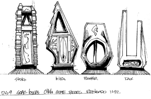 mylittleredgirl:startrekstuff:Designs for the game pieces in Move Along Home.source: The Making of D