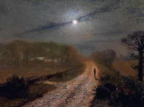 A moonlit landscape (1870s) by John Atkinson Grimshaw. An artist from Leeds, Yorkshire (UK).