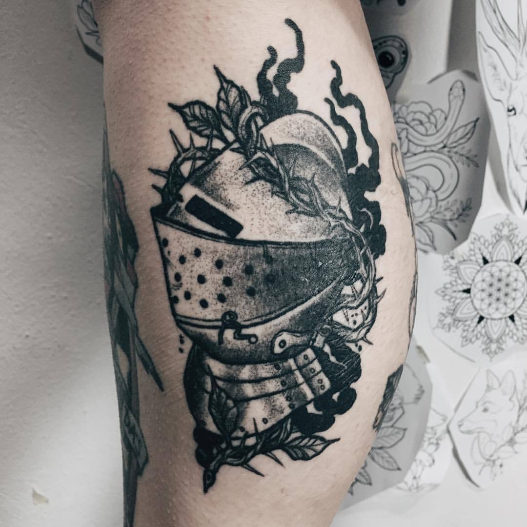 Tattoo uploaded by childish like  Medieval helmet dark DarkArt  darktattoo helmet medieval dragon Black blackwork blackworktattoo  linework lines etching  Tattoodo