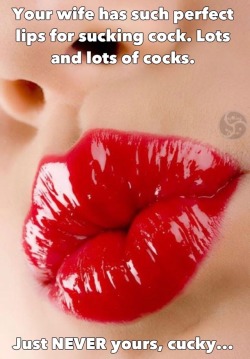 v-sk-dommeextraordinaire:  ythefnot1: cuckoldcumlicker: True story!!! Maybe I can talk our bull into letting me get blowjobs… Nah, probably NOT going to happen! Know what red lips mean?  Found a new lipstick that is glossy like this that doesn’t kiss