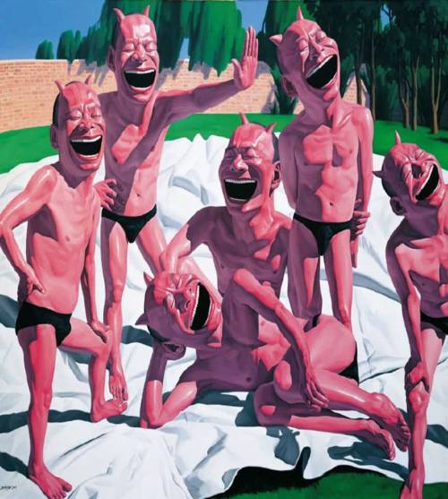 crossconnectmag:  Yue Minjun: Chinese LOL Selfies  Yue Minjun (岳敏君)’s paintings offer a light-hearted approach to philosophical inquiry & contemplation of existence. Drawing connotations to the disparate images of the Laughing Buddha &