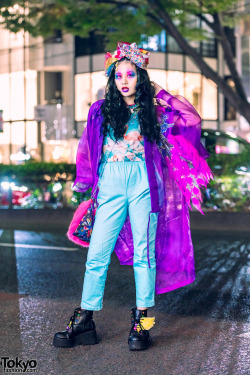tokyo-fashion:Japanese art student Chami on the street in Harajuku wearing colorful makeup, a sheer kimono with bird artwork by Takenoko, an ACDC Rag top, WC Harajuku pants, WEGO winged boots, a bag and accessories from 6%DOKIDOKI, plus Claire’s items.