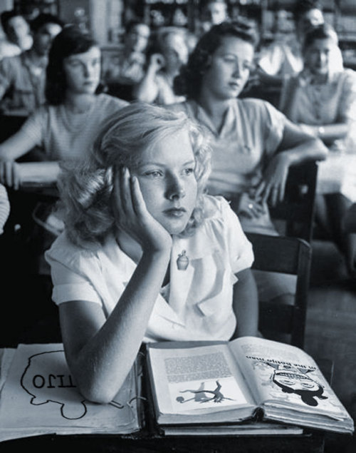 Student daydreaming during class. Photograph by Allan Grant. Florida, USA, March 1947. Time Life Pic