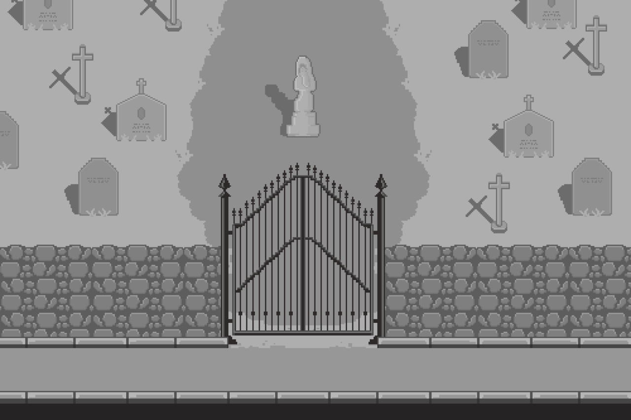 Pixel art of graveyard with headstones on the left and right, stone walls and a large gate at the bottom, and a statue on a large path in the center