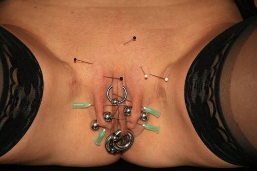 pussymodsgalore  She has a HCH piercing with a ring, outer labia piercings with barbells, and inner labia piercings with rings. In addition there is BDSB needle play, with needles and pins stuck in her. 