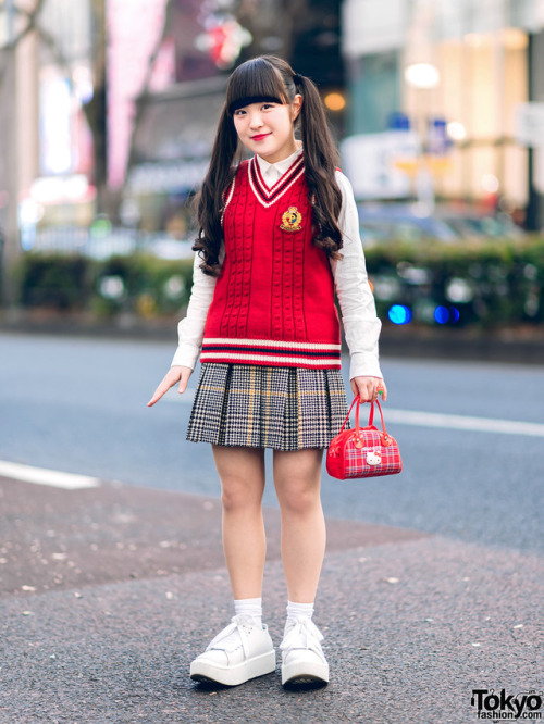 17-year-old Japanese high school student Miori on the street in Harajuku wearing a Pink House knit v