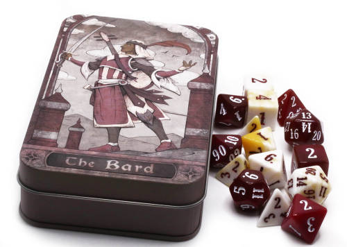 Character Class dice sets feature a collectible tin with gorgeous artwork and a handful of dice in t