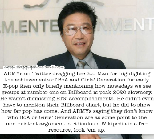 unpopularkpop-opinions:ARMYs on Twitter dragging Lee Soo Man for highlighting the achievements of Bo