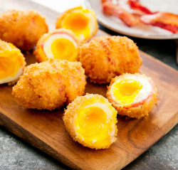 f-eedme:Fried Bacon Wrapped Eggs