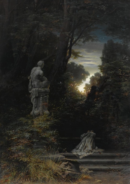 thisblueboy: Ferdinand Knab (German, 1834-1902), A Woman at the Fountain with Rising Moon, 1866, Sot